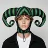 Chapéu de palhaço espiral listrado de preto e verde com zíper e chifres, Chapéu de festa cosplay de fantasia sombria para Halloween