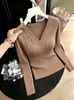 Suéter Minimalista de Punto Trenzado con Cuello en V Estilo Coreano para Mujer Otoño/Invierno Corto Ceñido a la Cintura Capa Estilo Suave Top de Manga Larga para Mujer