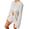 Estilo europeo y americano otoño e invierno nuevo conjunto de shorts de punto sueltos transpirables de manga larga con ribete de encaje para mujer, pijama, ropa de casa