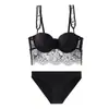 Lingerie sexy estilo francês para mulheres, conjunto de lingerie de renda com cílios, puro desejo, sutiã tomara-que-caia para seios pequenos para realçar o volume, com um lindo design nas costas