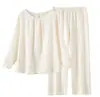 Pijama de Novo Estilo para Mulheres, Simples e Sofisticado, Pijama de Crepe de Algodão Puro Off-White para Primavera e Verão, Conjunto de Roupa para Casa Que Pode Ser Usado Fora