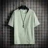 Camiseta de Lino de Manga Corta al por Mayor para Hombre Verano Nueva Moda Marca Tendencia Holgada de Algodón y Lino Camiseta de Color Sólido de Media Manga