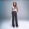 0140 Calça Larga Elástica de Cintura Ajustável com Cordão, Acolchoada com Lã e Forro de Seda Amora, para Mulheres, Outono e Inverno de Cintura Alta