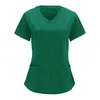 Ropa de Trabajo Estilo Enfermera Europea y Americana Transfronteriza Camisa de Color Puro Cuello en V Pantalones con Bolsillo Grande de Solapa Camiseta de Manga Corta Talla Estándar/Talla Grande para Mujer