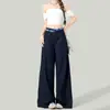 Pantalones Casuales de Patchwork a Cuadros de Doble Cintura Azul Oscuro para Mujer, Versátiles de Verano, Delgados, Estilo Americano, Holgados, con Caída, Pierna Ancha