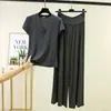 Conjunto de dos piezas de camiseta de manga corta con cuello en V y patchwork de modal y pantalón largo de cintura alta, nuevo estilo de verano, atuendo casual versátil de talla grande