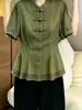 Camisa Verde Elegante Estilo Chinês Novo, Gola Alta, Botões na Cintura, Top Elegante de Nicho para o Trabalho, Lançamento Verão 2026