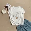 Camiseta de Algodón Transpirable con Copos de Nieve y Pony Metálico de Manga Corta Estilo Coreano de Verano para Mujer Top Pulóver Redondo Adelgazante para Hombro Derecho para Mujer