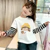 Top Básico Dulce y Lindo Cuello Redondo Nuevo Estilo Primavera y Otoño Falso Dos Piezas Patchwork Rayado Algodón Puro Manga Larga para Niñas