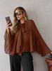 Blusa de Gasa Elegante de Estilo Europeo y Americano para Primavera, Delgada, con Mangas Murciélago, Diseño Elegante, Volantes para Atar y Mangas Largas para Mujer