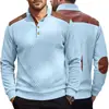 Sudadera de punto jacquard texturizada estilo americano para hombre con cuello camisero, patchwork en hombros y mangas, y mangas largas holgadas