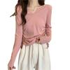 Camiseta Estilosa con Cordón y Cuello en V para Mujer Talla Grande, Hombro Normal, Estilo Corto, Cubre Vientre, Adelgazante, Manga Larga, Moderna, para Principios de Primavera y Otoño 2026