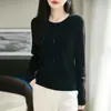 Estilo Novo Primavera e Verão 60 Fios Lã Fina Gola Redonda Multi-Botões Tricô Manga Longa Cor Sólida Solto Suéter Básico para Mulheres