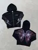 Moletom com Capuz e Zíper Estilo Streetwear Americano da Costa Oeste Europeia e Americana Estampa de Asas de Anjo Retrô Estiloso Nicho