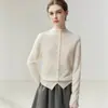 Suéter de cachemira con ribete de encaje estilo francés para mujer, con dobladillo enrollado, un delicado cuello alto y diseño de cárdigan tejido, perfecto como prenda exterior o capa base para otoño e invierno.