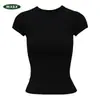 Camiseta de Manga Corta Ajustada de Color Sólido para Mujer, Cuello Redondo, Adelgazante, Estilo Chica Picante Americana, Capa Base Deportiva Casual