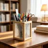 Ornamento porta-canetas de vidro com flor de begônia para mesa de estudo e escritório, decoração de caixa de canetas, caixa de armazenamento de canetas coloridas, item de artesanato decorativo