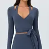 Top de yoga curto transfronteiriço para mulheres com alças, decote em V, corte justo, camiseta fitness, treino de Pilates, esportes de corrida manga longa