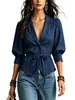 Otoño 2026 Nuevo Transfronterizo Europeo y Americano Comercio Exterior Elegante para el Trabajo Color Sólido Blazer con Lazo en la Cintura Camisa Abotonada con Cuello para Mujer