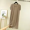 Vestido midi de seda gelada com gola redonda e babados para mulheres, plus size, confortável, macio, estiloso, cor sólida, de vestir, fresco e doce