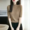 Top de Tricô 100% Lã com Padrão Espinha de Peixe, Novo Estilo de Verão, Gola Semi Alta, Sem Costura, Manga Três Quartos, Camiseta Básica Estilo Coreano para Mulheres