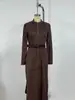 Moda Europeia e Americana de Primavera e Outono Elegante Zíper Gola Alta Camurça Sintética Vestido Simples Francês Fenda Longa Vestido