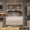 Baño Combinación de Gabinete de Baño Estilo Crema Pizarra Cerámica Lavabo Integrado de Termocurvado Inodoro Lavado