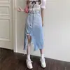 Falda de Mezclilla Negra con Abertura Irregular para Mujer, Nuevo Estilo Primavera, Falda Bodycon Delgada de Cintura Alta Línea A de Longitud Media