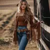 Camiseta de Mujer de Hombros Descubiertos con Borlas Estilo Western Vintage