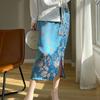 Falda de satén de estilo chino, nueva, de moda nacional, con hebilla frontal, abertura en la cadera, cintura alta, de seda jacquard, por encima de la rodilla y longitud media.