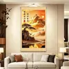 Apoiado por uma Montanha Dourada Água Corrente Traz Riqueza, Pintura Estilo Chinês Novo com Padrão Dourado para Sala de Estar, Hall de Entrada, Escritório, Sala de Chá, Escritório