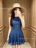 3 colores3 coloresPuro y deseable azul Klein con cuello halter estilo francés de gama alta que ajusta la cintura, aclara la piel, traje de baño de dos piezas estilo falda para mujer