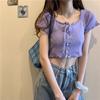Playera de punto de manga corta con cuello cuadrado para mujer, diseño nicho de verano, top de uso para chica hot corto, elegante, estilo Hong Kong, moda ins