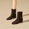 Botines Cortos Apilados con Aumento de Altura Nuevos de Otoño/Invierno para Mujer de Cuero Mate con Hebilla Estilo Western Retro Puntera Cuadrada Botas de Moda Casual