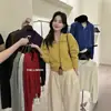 Cardigan de tricô aberto cinza estilo coreano com gola alta, macio e confortável, para mulheres, jaqueta suéter de manga comprida para outono, top curto
