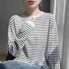 Top de rayas de color contrastante, camiseta básica de cuello redondo para mujer, camiseta interior holgada de punto de manga larga para mujer Otoño 2026