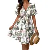 Nueva colección transfronteriza europea y americana 2025: Vestido de verano para mujer, con escote en V, estampado floral, estilo vacacional a la moda, hasta la rodilla