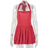 Vestido de Verano Estilo Europeo y Americano Ins Transfronterizo Color Sólido para Mujer Espalda Descubierta Línea A con Escote Halter Hombros Caídos, Sin Mangas Plisado Nuevo Vestido