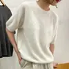 Estilo simple, elegante suéter de punto 100% lana pura con cuello redondo, manga corta, corte holgado, jersey, camiseta básica, manga corta