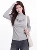 Camiseta de manga comprida com gola alta falsa, estilo duas peças, para mulheres, novo design outono e inverno, corte justo, valoriza a silhueta, estilo puro e sensual, ombro a ombro