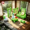 Decoraciones de escena miniatura de bambú de verano: pantalla, cortina de bambú, cama de bambú, agua corriente. Juego de 6 piezas de accesorios para micro paisajismo