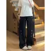 Calça moletom casual masculina de cintura alta, com cordão, retalhos, bordados de desenho animado e design esportivo de perna larga, perfeita para looks de outono