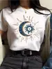 Camiseta Casual de Manga Corta para Mujer Adecuada para Deportes, Camiseta Gráfica con Estampado de Sol y Luna, Top de Cuello Redondo para Uso Diario Y2K