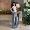 Jeans anchos de pierna ancha, color naranja juvenil, con estampado de bambú, lavado, borde crudo, para mujer, corte holgado, adelgazantes, únicos, elegantes, versátiles, pantalones de largo hasta el suelo
