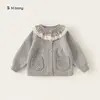 Roupa Infantil Bangxuan Outono Cor Sólida Gola de Renda Cardigan de Tricô Solto Versátil Jaqueta para Meninas