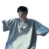 Camiseta de algodón puro de manga corta estilo americano de peso pesado para hombre, 220g, marca de moda de verano, corte holgado, cuello pequeño, mangas tres cuartos, ropa para parejas, manga corta