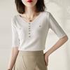 Verano 2025 Nuevo Estilo Coreano Elegante Ajustado Adelgazante Color Sólido Cuello en V Manga Corta Seda Helada Camiseta de Punto Camiseta Top de Moda para Mujer