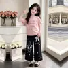 Nuevo Conjunto de Dos Piezas de Moda Veraniega, Individualista, Delgado, de Manga Corta para Niñas Grandes: Pantalones de pierna ancha con lazo de encaje suelto