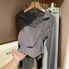 7105# Foto real 260g Camiseta de manga larga acanalada de Modal para mujer, top de primavera y otoño, cuello polo, camiseta básica corta