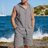 Artículo de verano de estilo americano transfronterizo de 2026: Conjunto informal de lino para hombre, holgado, simple, con capucha, sin mangas, y shorts